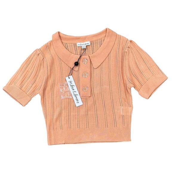 NWT For Love & Lemons Phoebe Pointelle Polo Sweater Sherbert - Picture 7 of 7